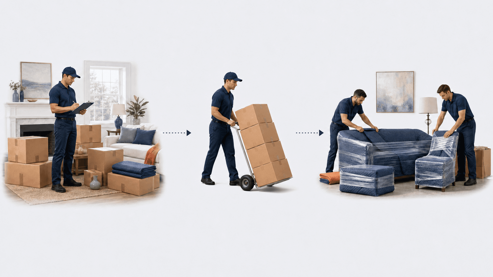 Moving crew measuring a home, using a dolly, and protecting furniture with moving blankets